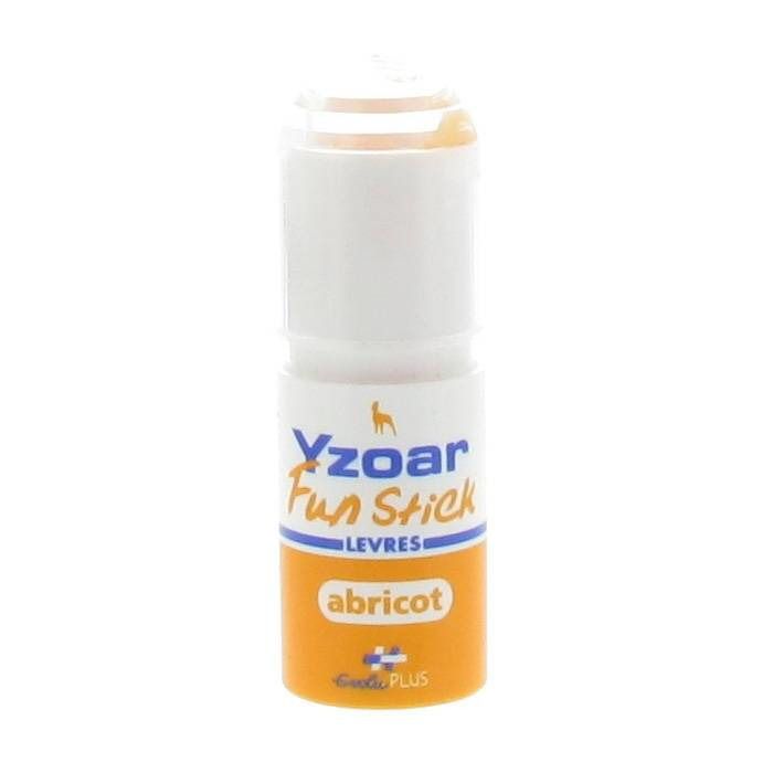 Stick cylindrique blanc et orange. Inscription: Yzoar Fun Stick, LEVRES, abricot. Logo Goodie Plus.