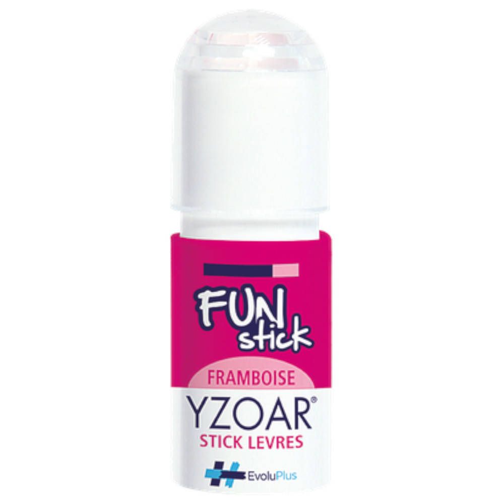 Rouge à lèvres Yzoar saveur framboise. Bâton blanc avec texte rose et capuchon transparent. Inscription: FUN stick, YZOAR, Stick Lèvres.