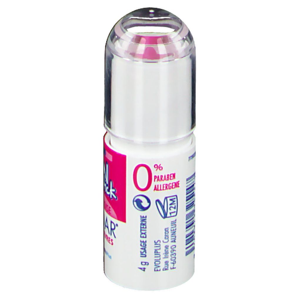 Rouge à lèvres Yzoar avec capuchon transparent. Inscription: 0% Paraben Allergène. 4g. Logo usage externe. Symbole 12M.