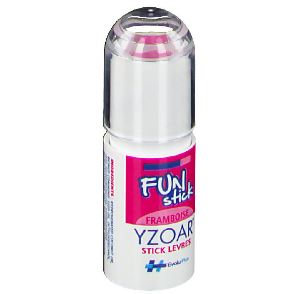 Rouge à lèvres Yzoar saveur framboise. Bâton blanc avec texte rose et capuchon transparent. Inscription: FUN stick, YZOAR, Stick Lèvres.