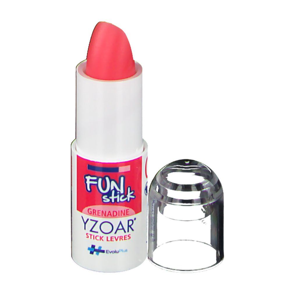 Rouge à lèvres rose et blanc. Inscription: FUN stick, Grenadine, YZOAR, Stick levres. Bouchon transparent.