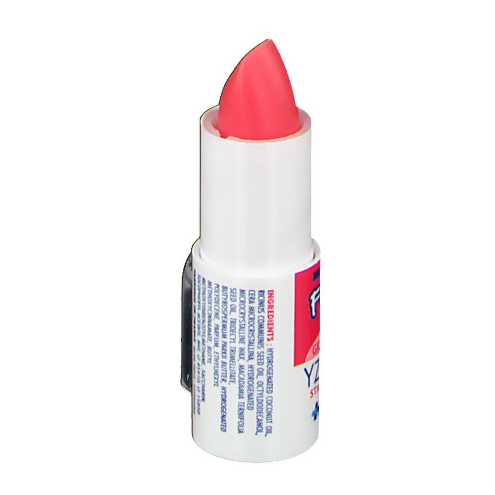 Rouge à lèvres rose et blanc. Inscription: FUN stick, YZOAR, Stick levres. Liste des ingrédients.