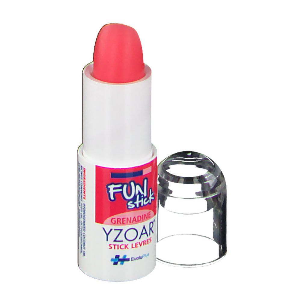 Rouge à lèvres rose et blanc. Inscription: FUN stick, Grenadine, YZOAR, Stick levres. Bouchon transparent.