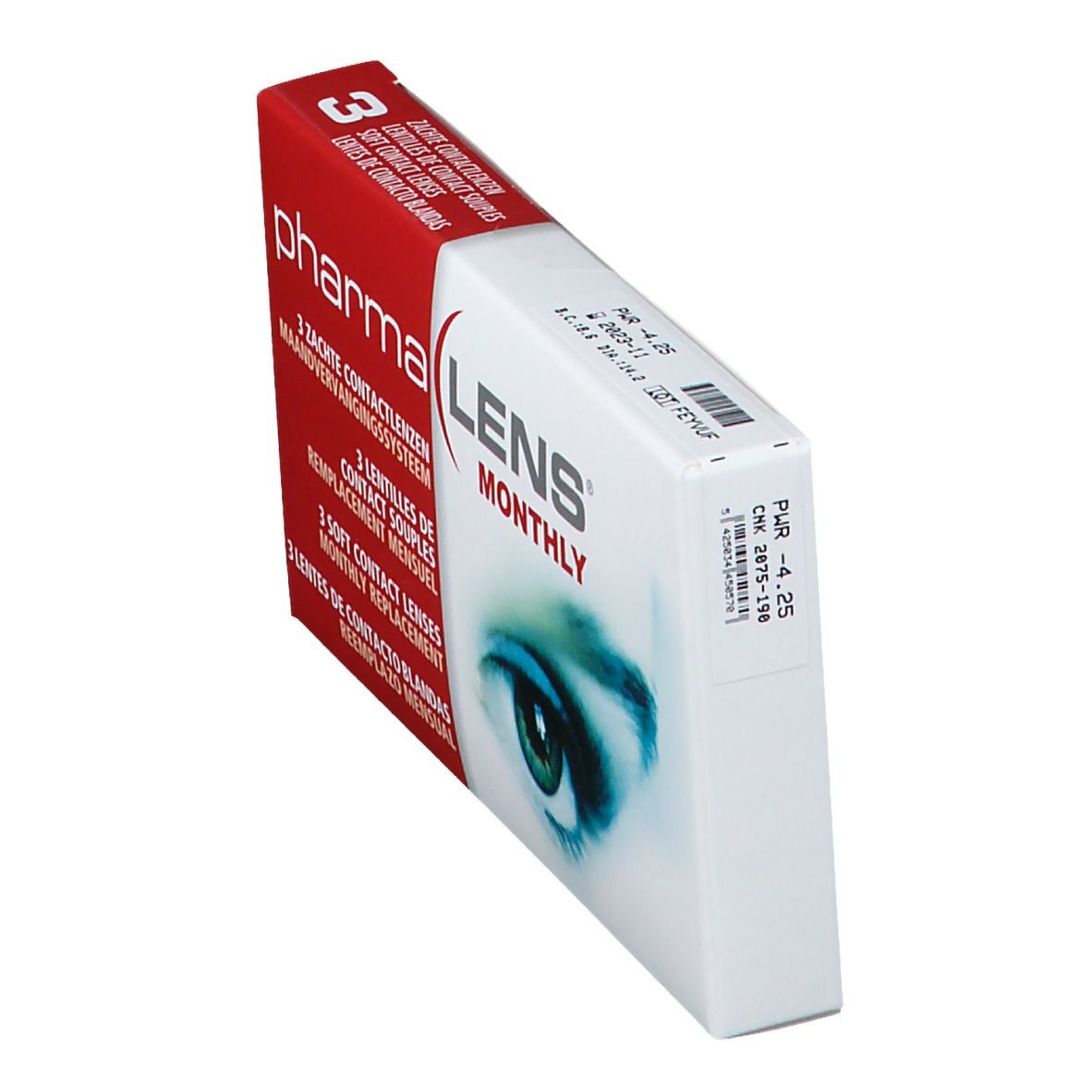 Doos van PharmaLens maandlenzen. Rode en witte verpakking met productnaam en oogafbeelding. Bevat 3 lenzen.