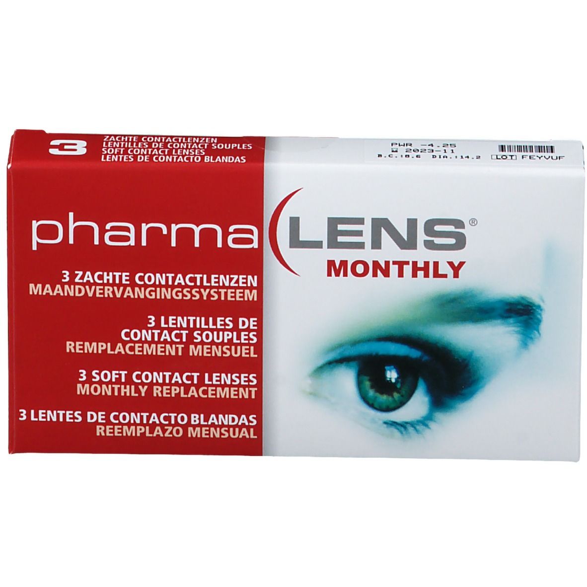 Verpakking van PharmaLens maandlenzen. Rode en witte doos met productnaam en oogafbeelding. Bevat 3 lenzen.