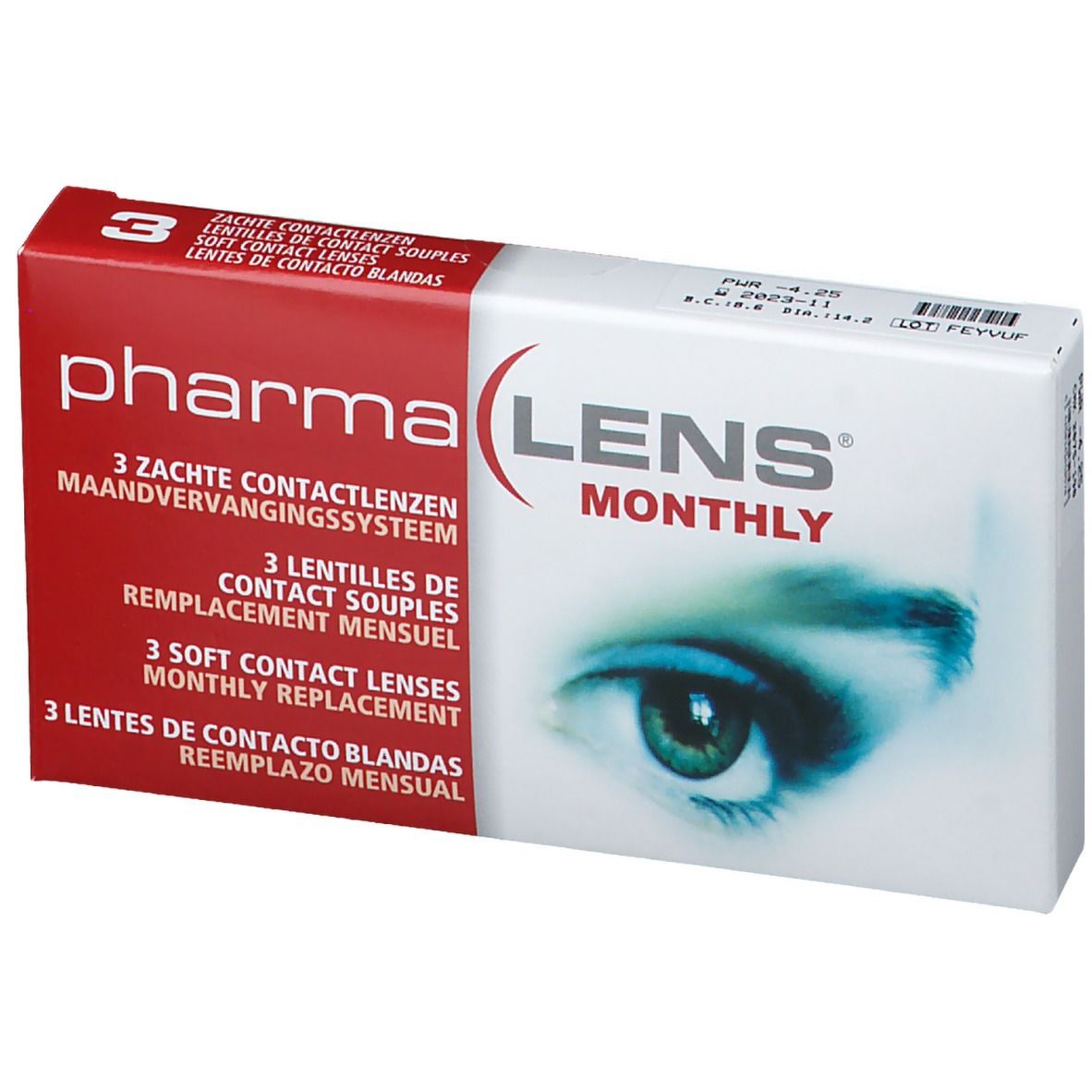 Verpakking van PharmaLens maandlenzen. Rode en witte doos met productnaam en oogafbeelding. Bevat 3 lenzen.