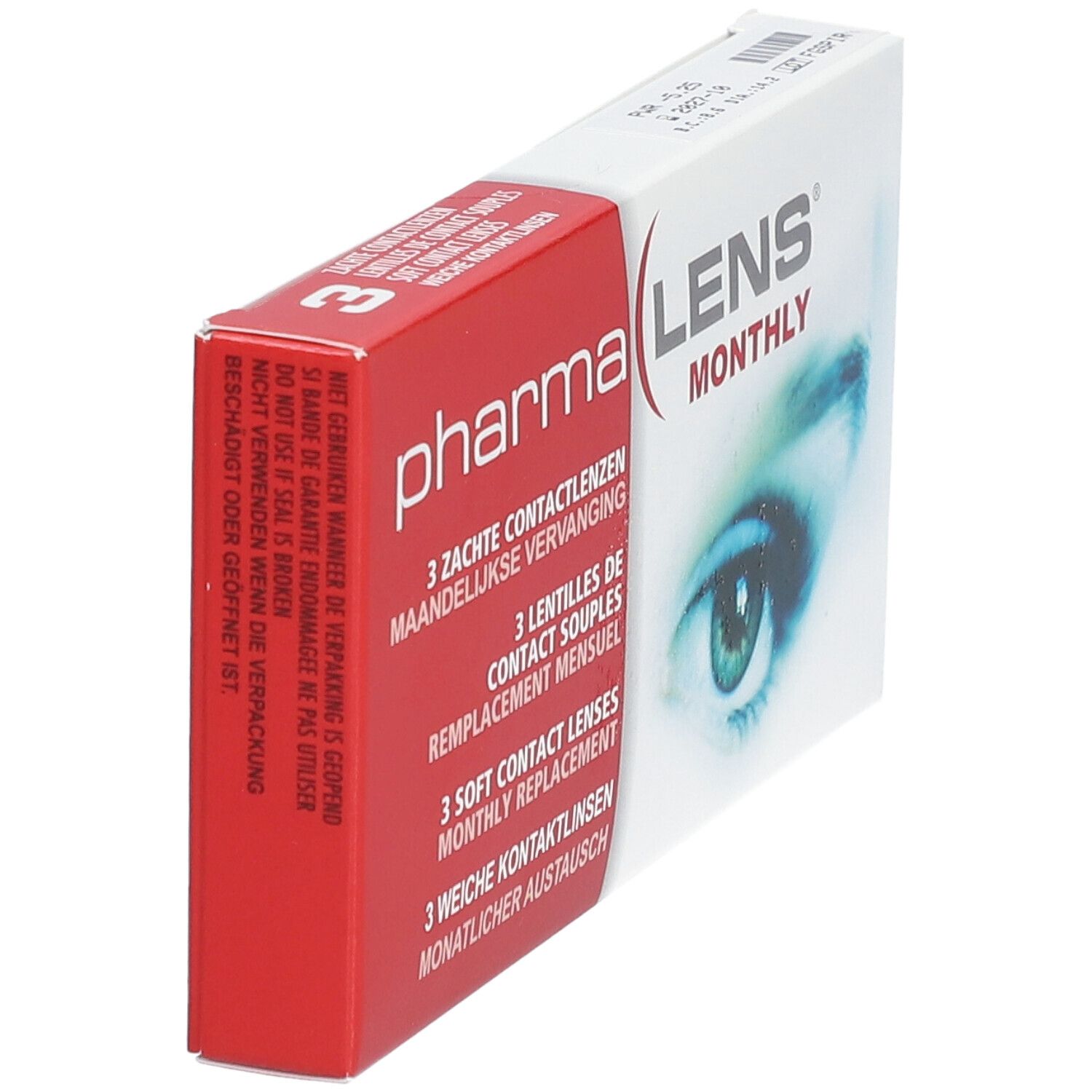 Emballage de lentilles de contact PharmaLens Monthly. Boîte rouge et blanche, vue latérale. Nom du produit et image d'œil. Contient 3 lentilles.
