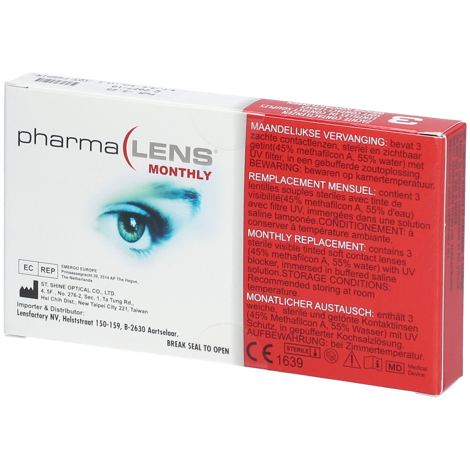 Emballage de lentilles de contact PharmaLens Monthly. Boîte blanche avec côté rouge. Nom du produit, image d'œil et texte. Contient 3 lentilles.