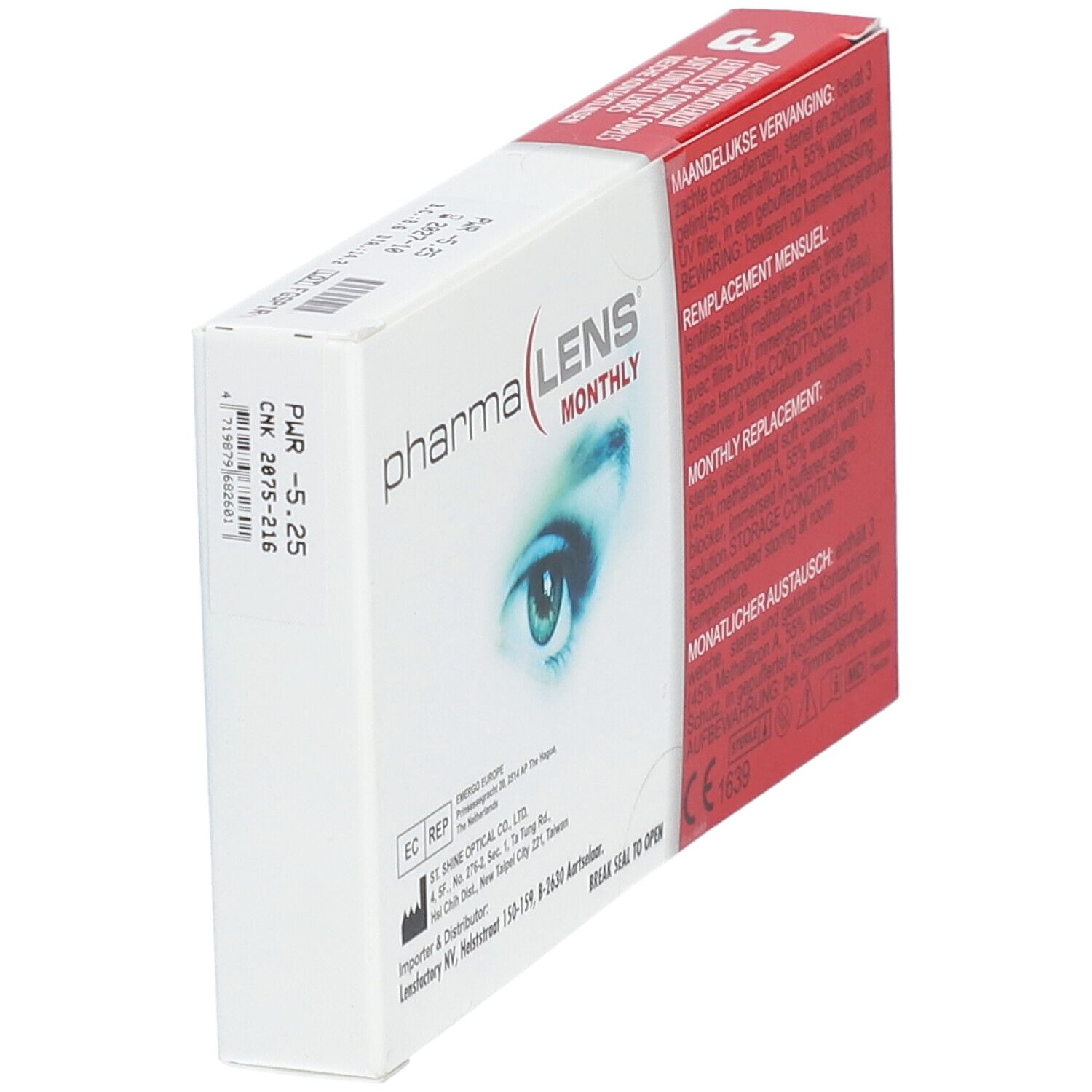 Emballage de lentilles de contact PharmaLens Monthly. Boîte blanche avec côté rouge. Nom du produit, image d'œil et texte. Dioptrie -5.25.