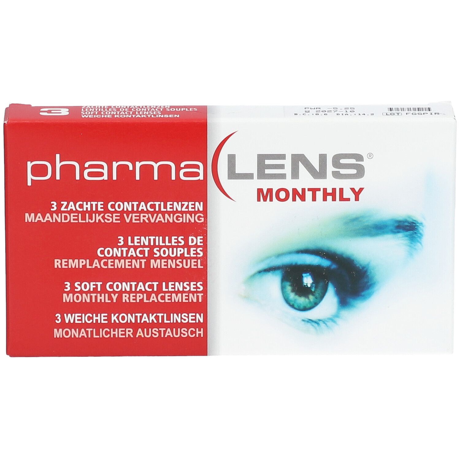Boîte de lentilles de contact PharmaLens Monthly. Boîte rouge et blanche avec nom du produit et image d'œil. Contient 3 lentilles.