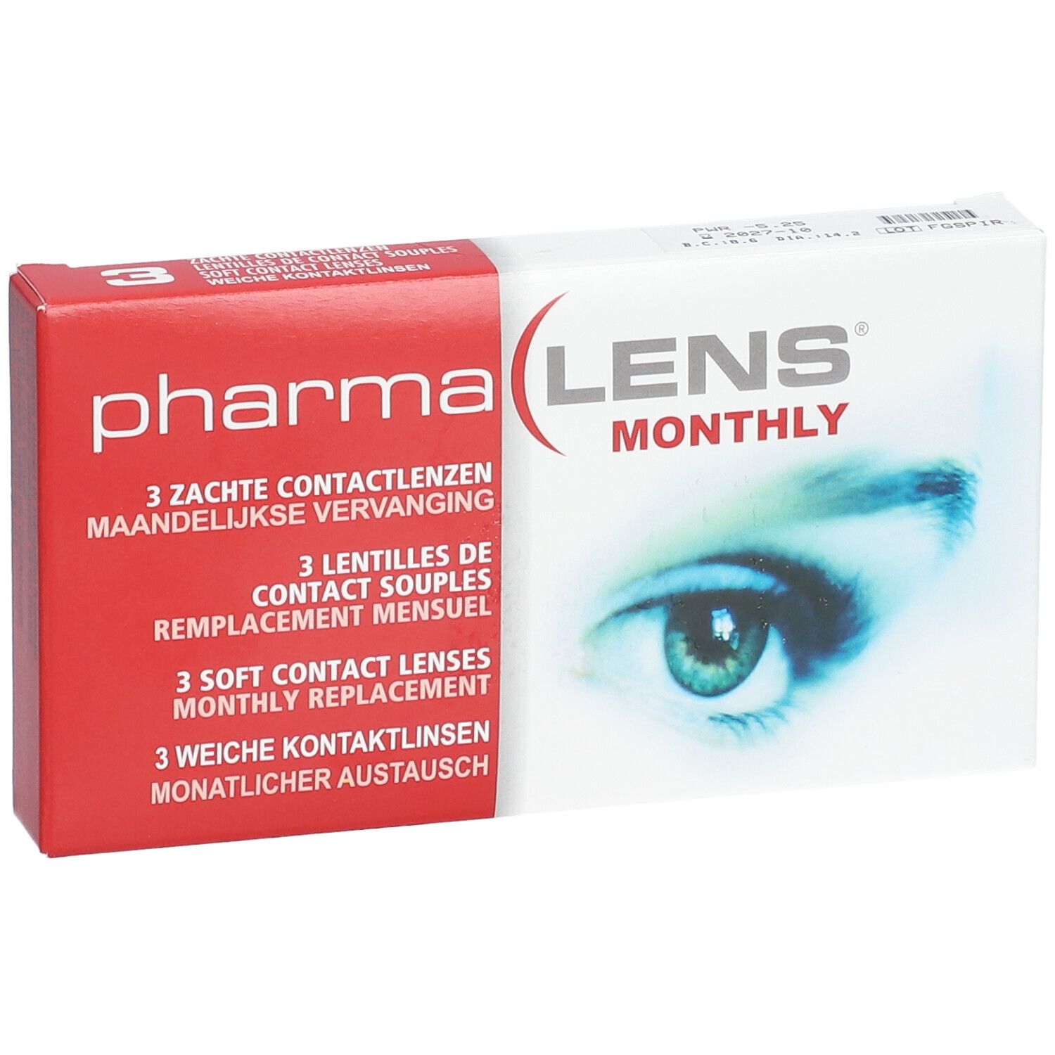 Boîte de lentilles de contact PharmaLens Monthly. Boîte rouge et blanche avec nom du produit et image d'œil. Contient 3 lentilles.