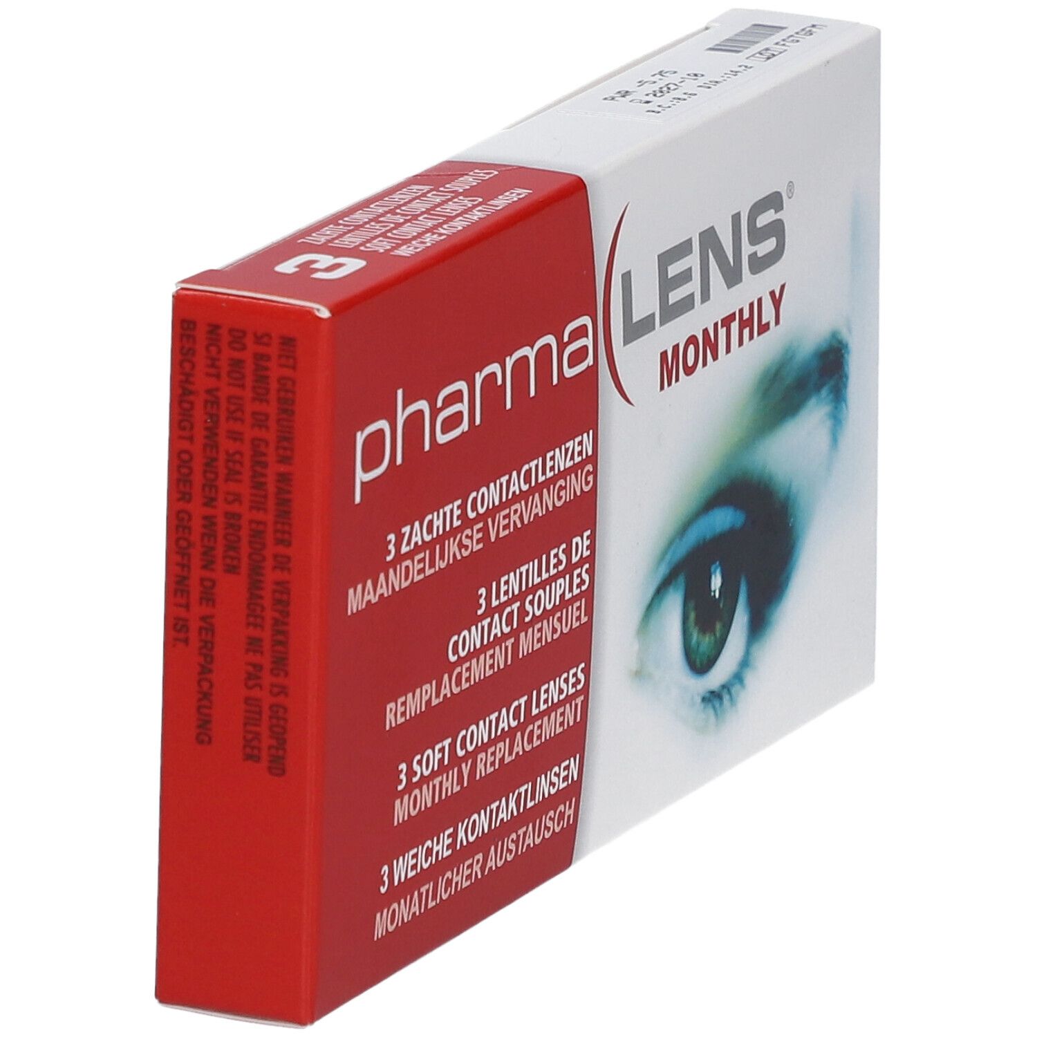 Boîte de PharmaLens lentilles mensuelles, en biais. Carton rouge et blanc avec nom du produit et image d'œil. Contient 3 lentilles.