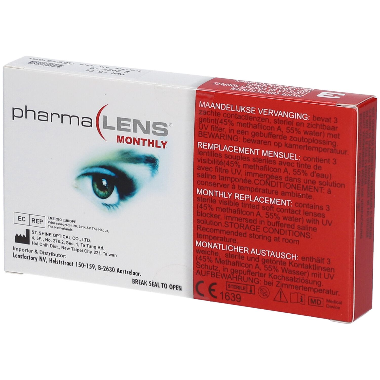 Boîte de PharmaLens lentilles mensuelles. Carton blanc avec informations produit et image d'œil. Contient 3 lentilles. Marquage CE.