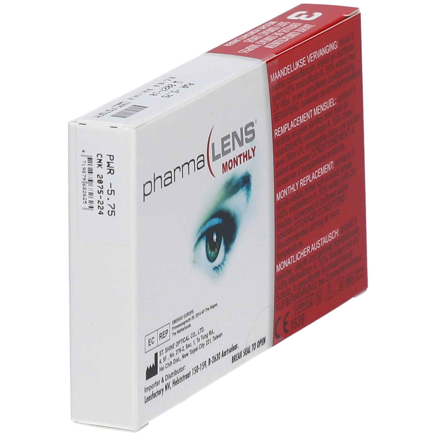 Boîte de PharmaLens lentilles mensuelles, en biais. Carton blanc avec informations produit et image d'œil. Contient 3 lentilles. -5,75 dioptries.