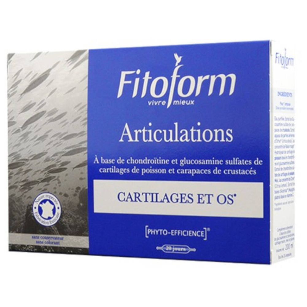 Boîte bleue et blanche avec logo "Fitoform Articulations". Texte : "Cartilages et os". Drapeau français et label de qualité.