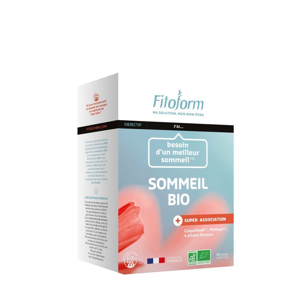 Fitoform Sommeil Bio-Verpackung. Blaue und rote Box mit Text und Logo. Bio-Zertifizierung.