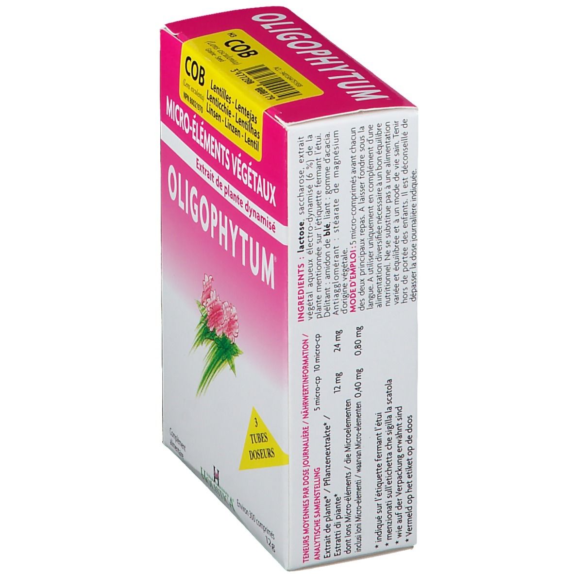 Boîte rose avec nom et logo du produit. Texte: Micro-éléments végétaux, ingrédients, dosage. Autocollant: COB, Lentilles.