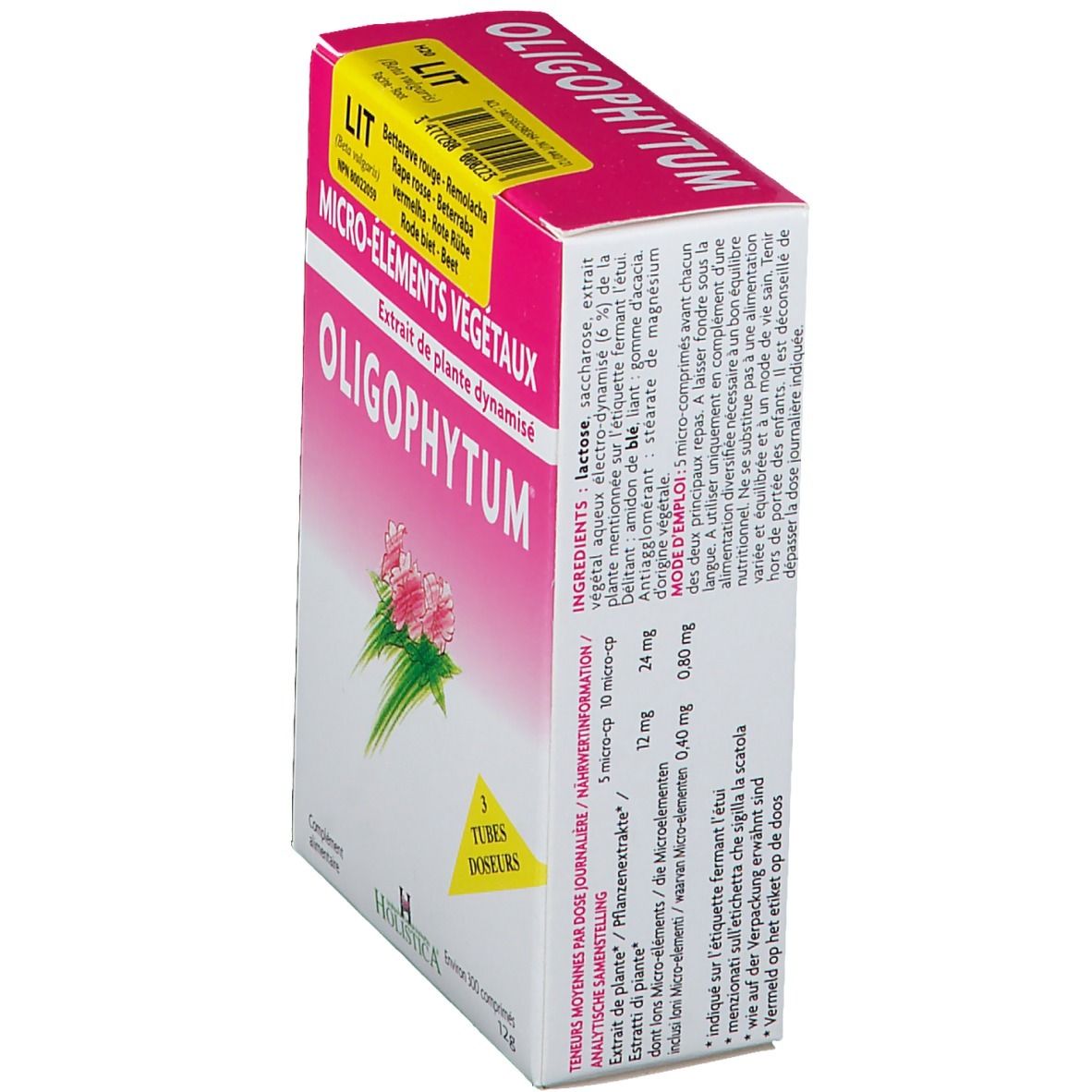 Vue latérale de la boîte OLIGOPHYTUM rose et blanche avec texte et ingrédients. 3 tubes doseurs.