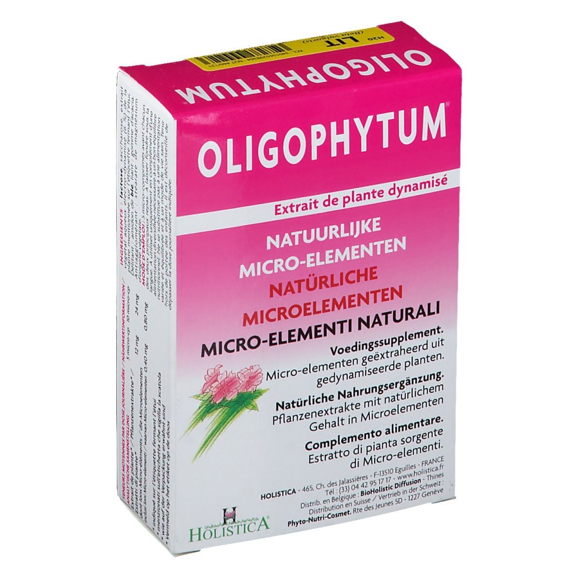 Boîte OLIGOPHYTUM rose et blanche avec texte multilingue. Design floral. Marque HOLISTICA.