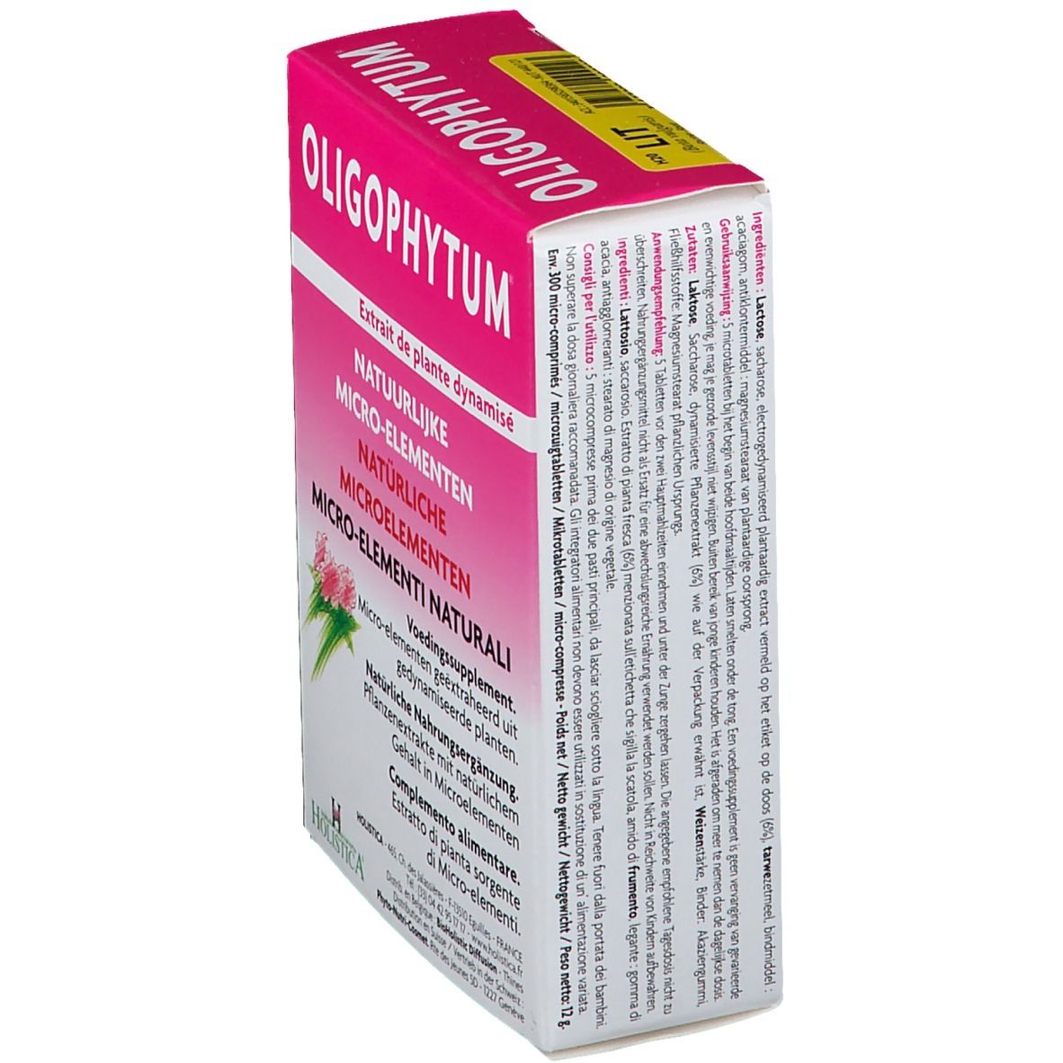 Vue latérale de la boîte OLIGOPHYTUM rose et blanche avec texte multilingue. Marque HOLISTICA.