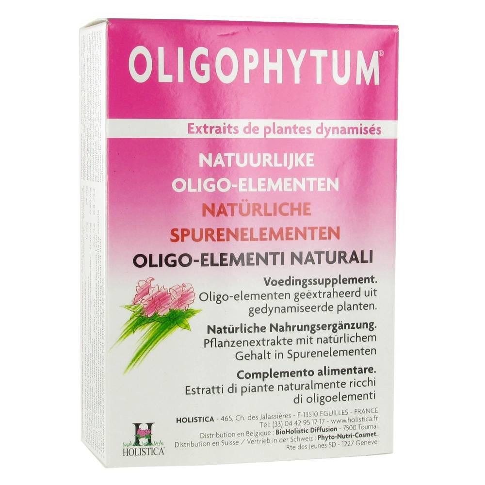 Doos van OLIGOPHYTUM. Roze en witte verpakking met productnaam en logo. Meertalige productinformatie.