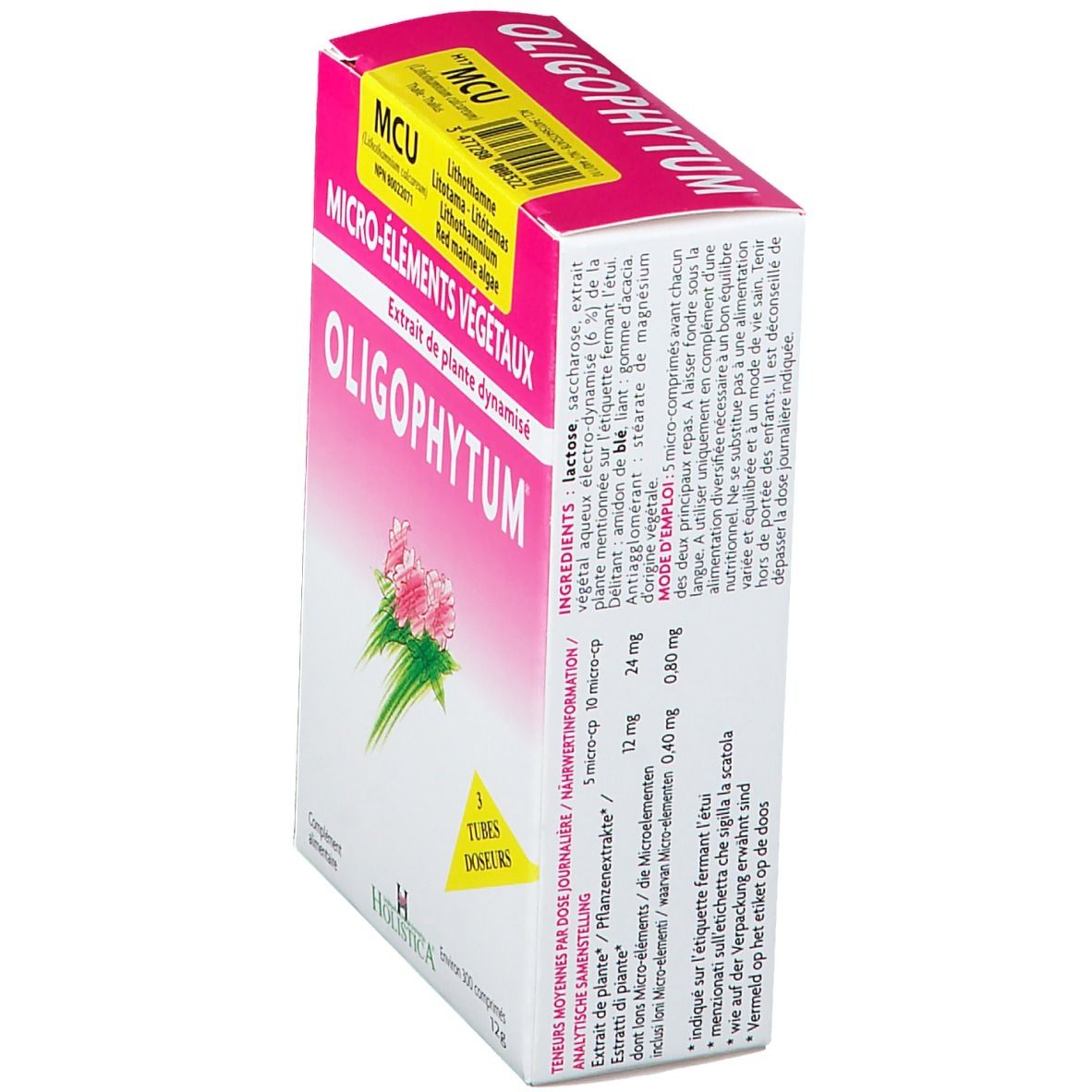Rosa Schachtel mit OLIGOPHYTUM-Logo und Text. Rückseite mit Inhaltsstoffen und Dosierungsanweisungen. Holistica-Logo unten.