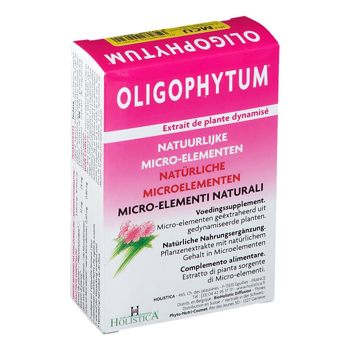 Rosa Schachtel mit OLIGOPHYTUM-Logo und Text in mehreren Sprachen. Holistica-Logo unten. Produktinformationen.