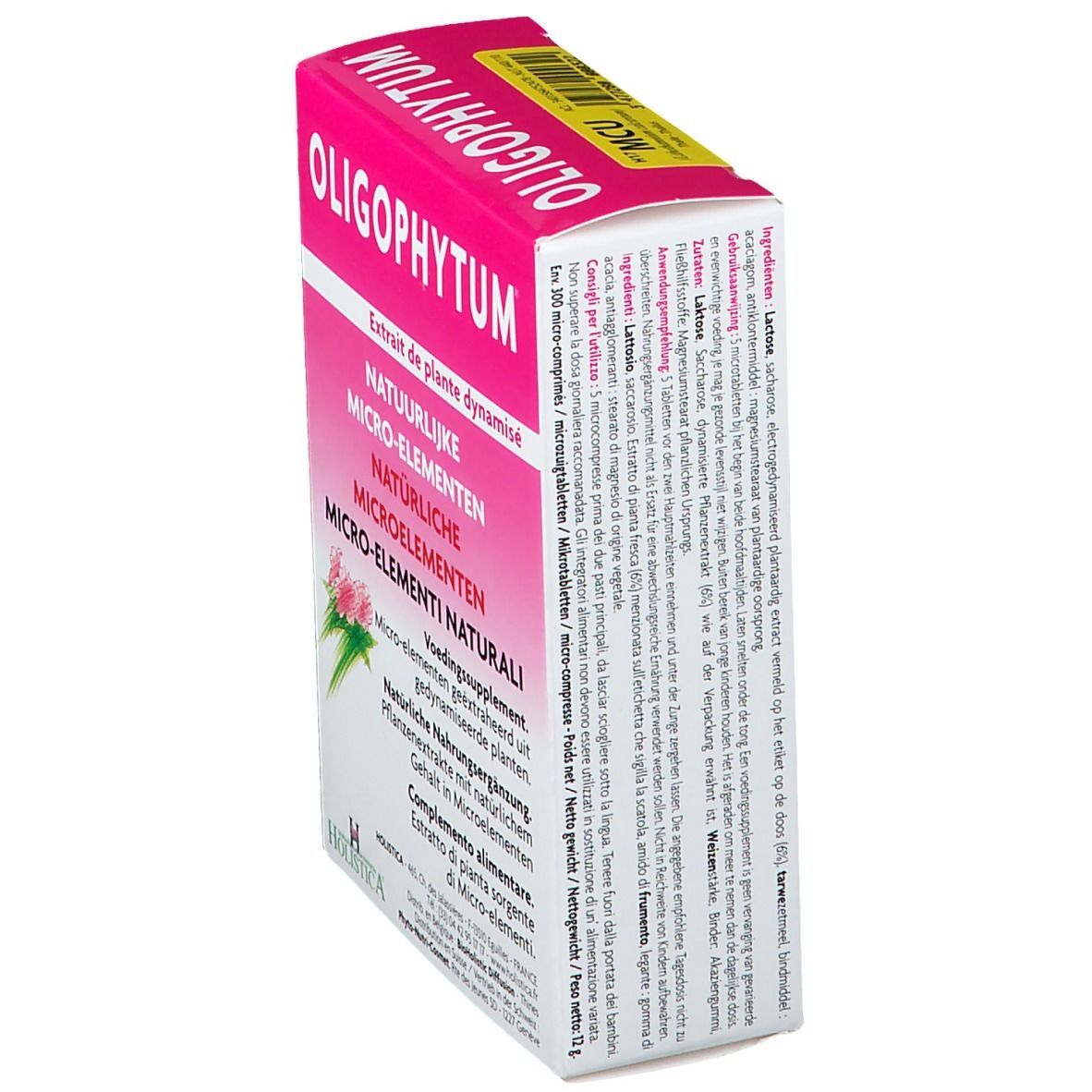 Rosa Schachtel mit OLIGOPHYTUM-Logo und Text in mehreren Sprachen. Rückseite mit Inhaltsstoffen. Holistica-Logo unten.