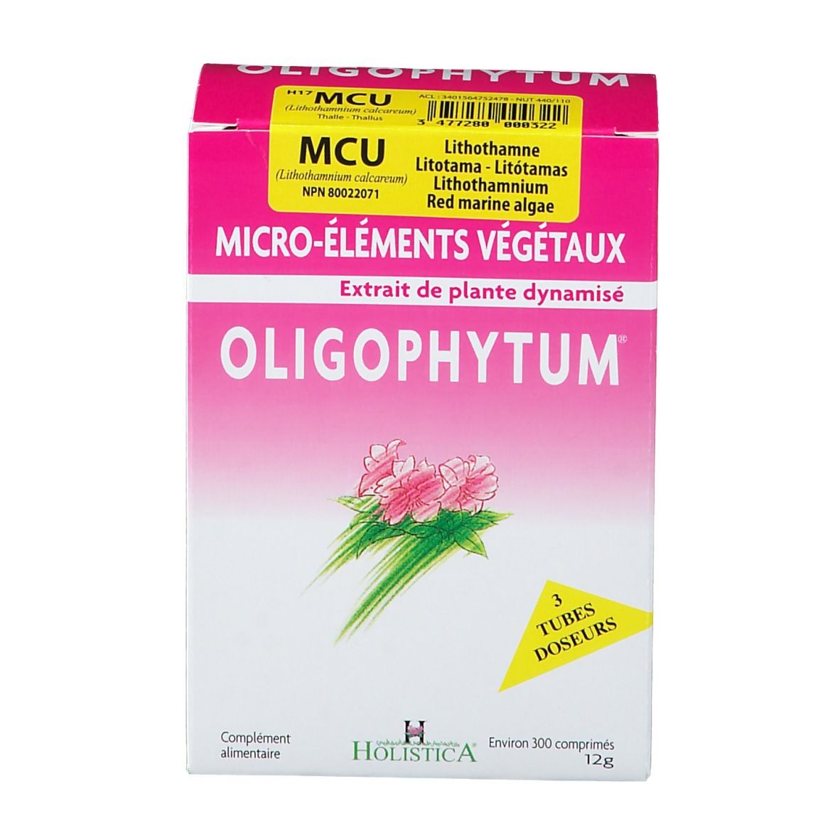 Rosa Schachtel mit OLIGOPHYTUM-Logo, Text und Illustration. Gelber Aufkleber mit Produktinformationen. Holistica-Logo unten.