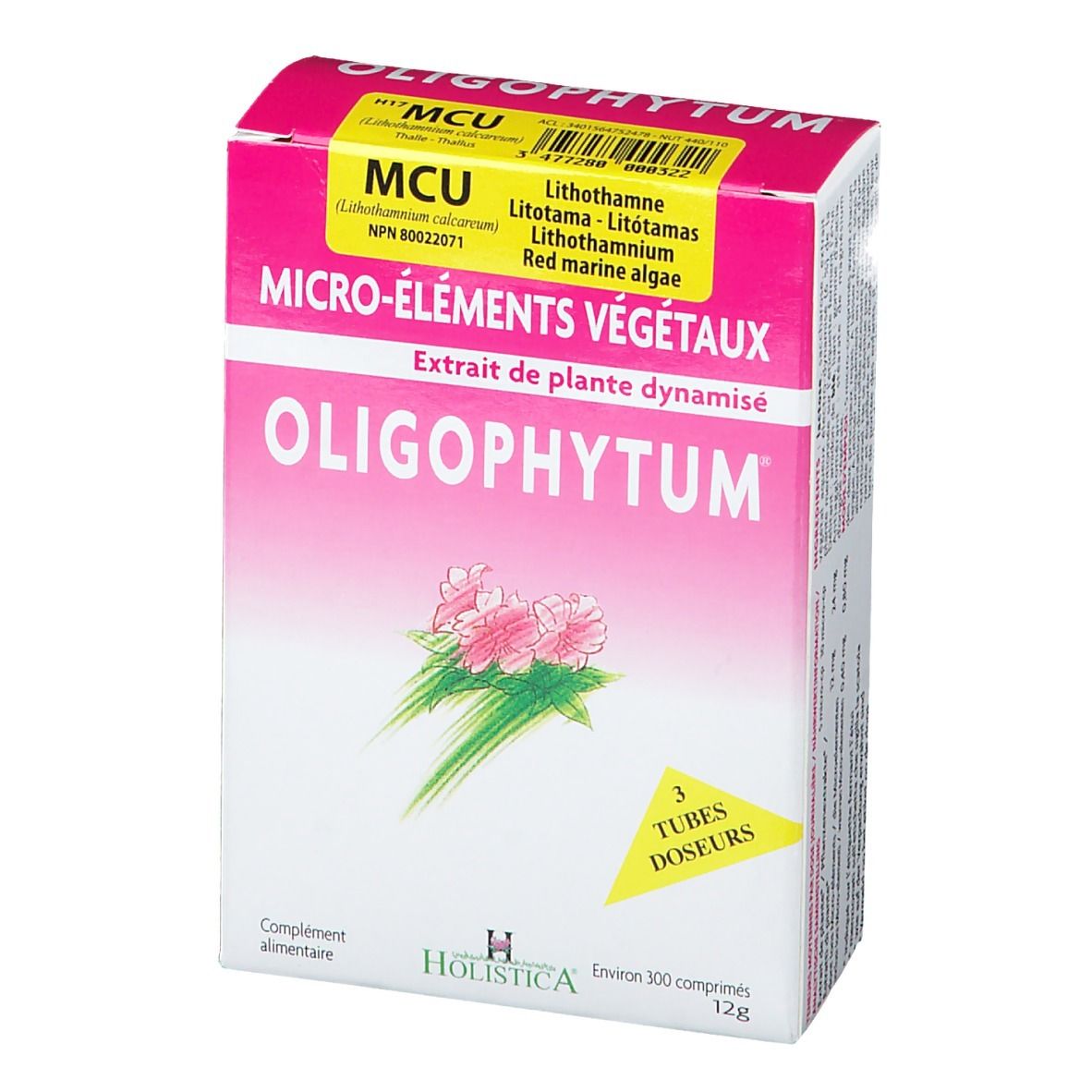 Rosa Schachtel mit OLIGOPHYTUM-Logo, Text und Illustration. Gelber Aufkleber mit Produktinformationen. Holistica-Logo unten.