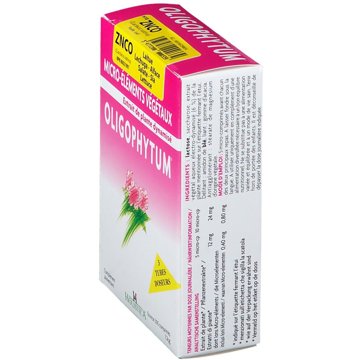 Boîte rose OLIGOPHYTUM, étiquette jaune, texte français. Contient 300 comprimés. Marque : Holistica. Ingrédients et informations au dos.