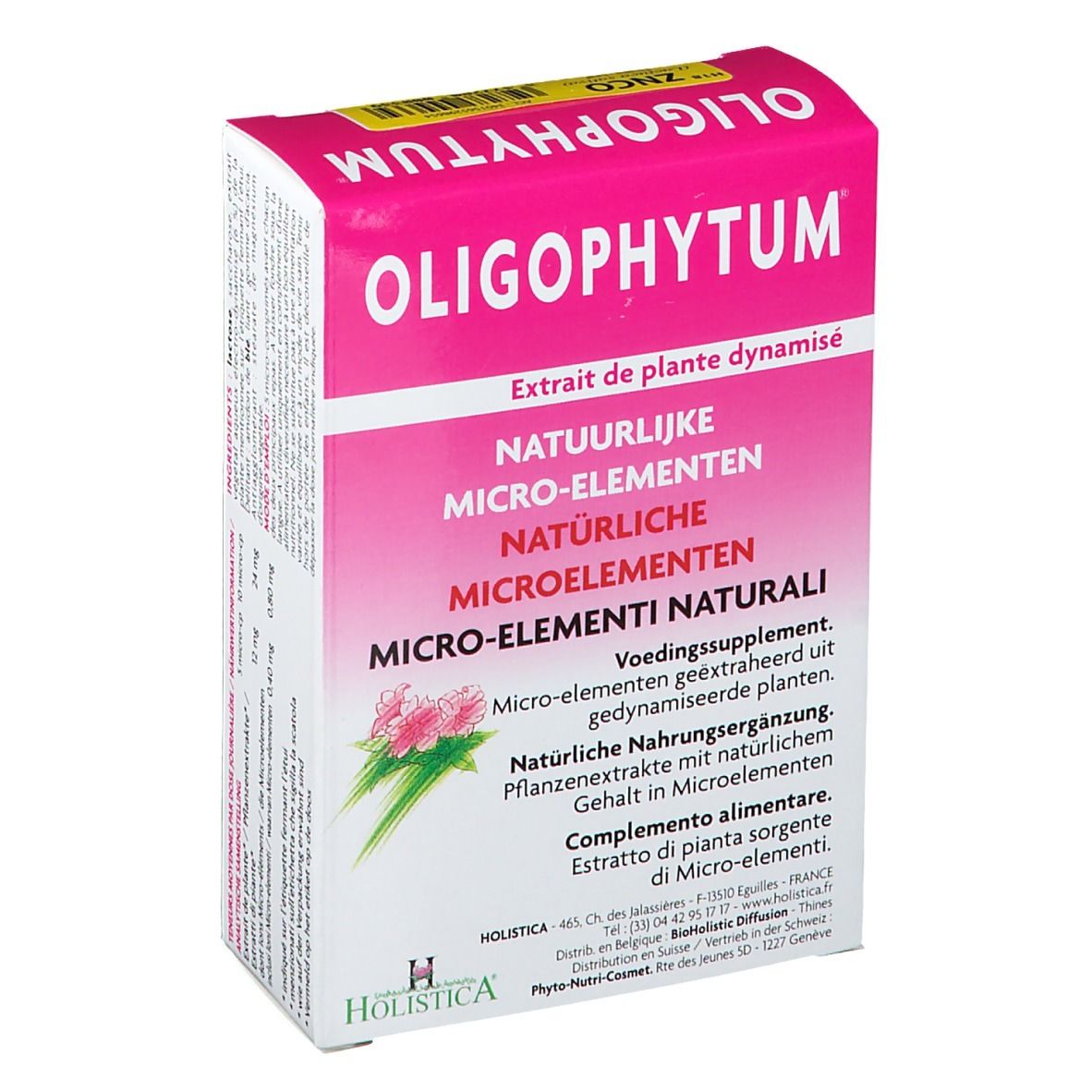 Boîte rose OLIGOPHYTUM, texte en français, néerlandais et italien. Marque : Holistica. Complément alimentaire.