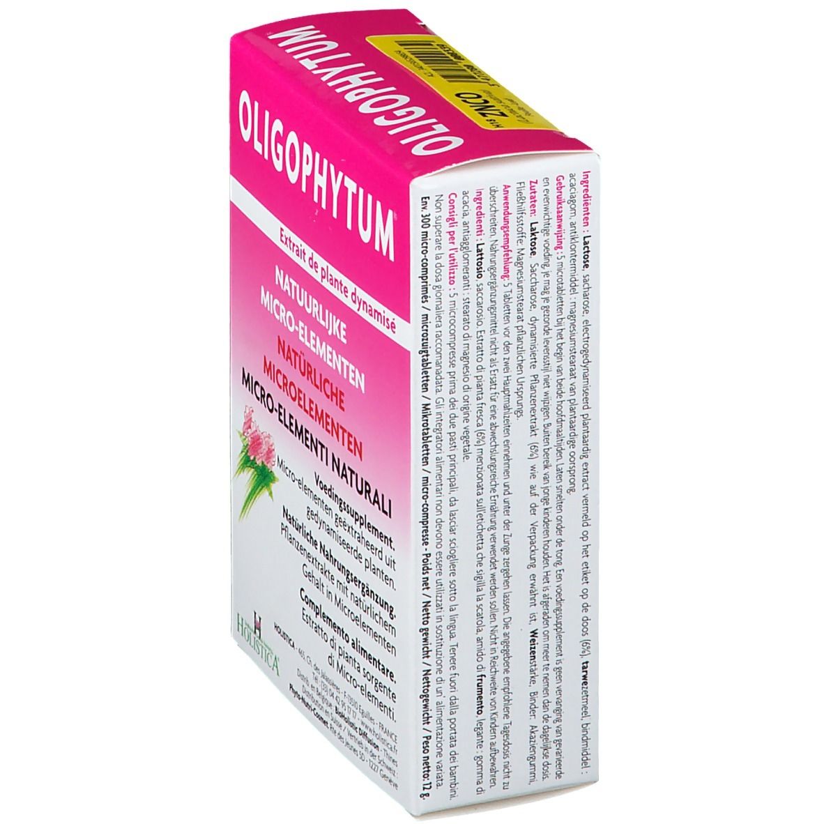 Boîte rose OLIGOPHYTUM, texte en français, néerlandais et italien. Marque : Holistica. Ingrédients et informations au dos.