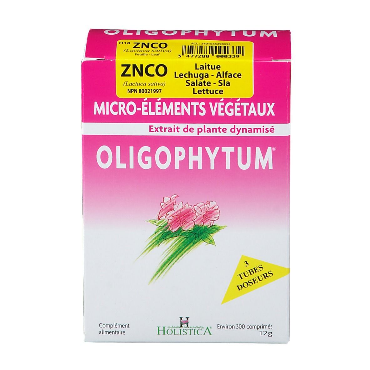 Boîte rose OLIGOPHYTUM, étiquette jaune, texte français. Contient 300 comprimés. Marque : Holistica. 3 tubes doseurs.