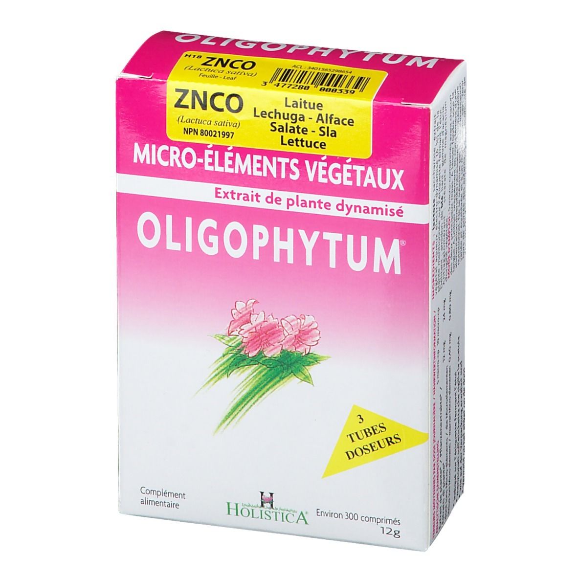 Boîte rose OLIGOPHYTUM, étiquette jaune, texte français. Contient 300 comprimés. Marque : Holistica. 3 tubes doseurs.