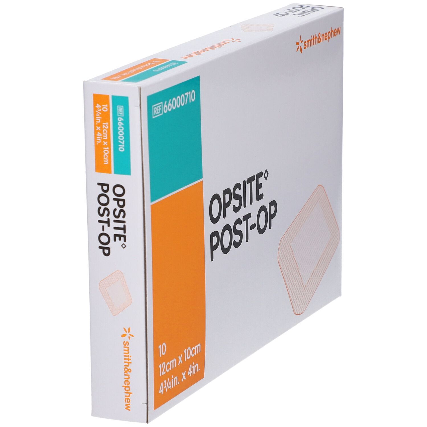 Boîte OPSITE® Post-Op en biais. Contient 10 pansements, 12cm x 10cm. Marque Smith & Nephew.