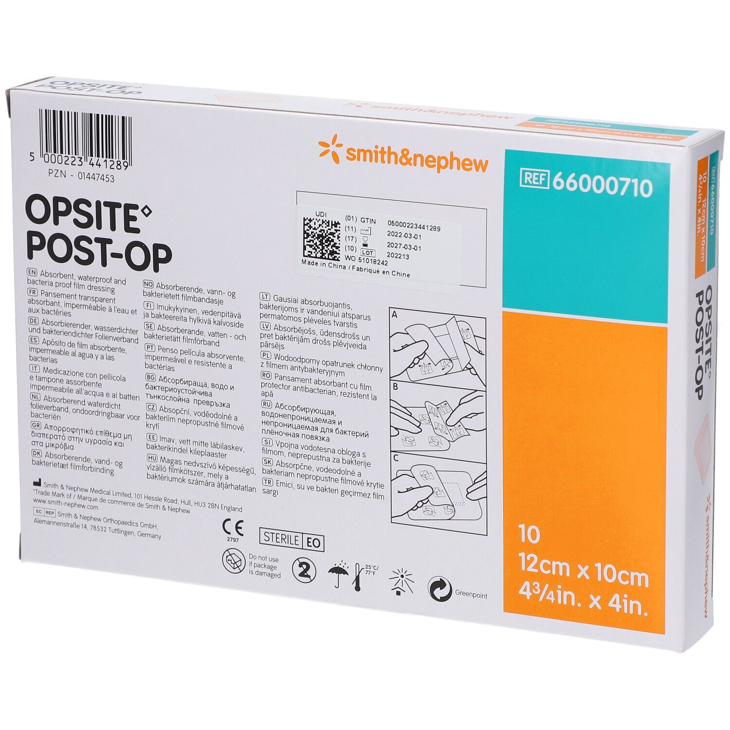 Dos de la boîte OPSITE® Post-Op. Contient 10 pansements, 12cm x 10cm. Smith & Nephew.
