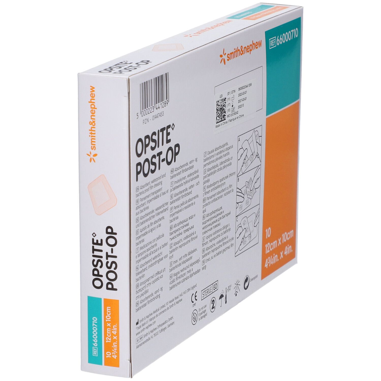 Vue en biais de la boîte OPSITE® Post-Op. Contient 10 pansements, 12cm x 10cm. Smith & Nephew.