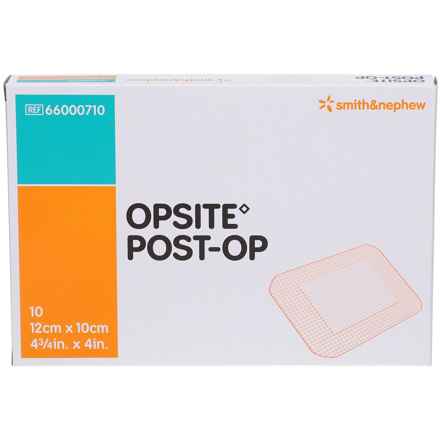 Boîte de pansements OPSITE® Post-Op. Contient 10 unités, 12cm x 10cm. Marque Smith & Nephew.