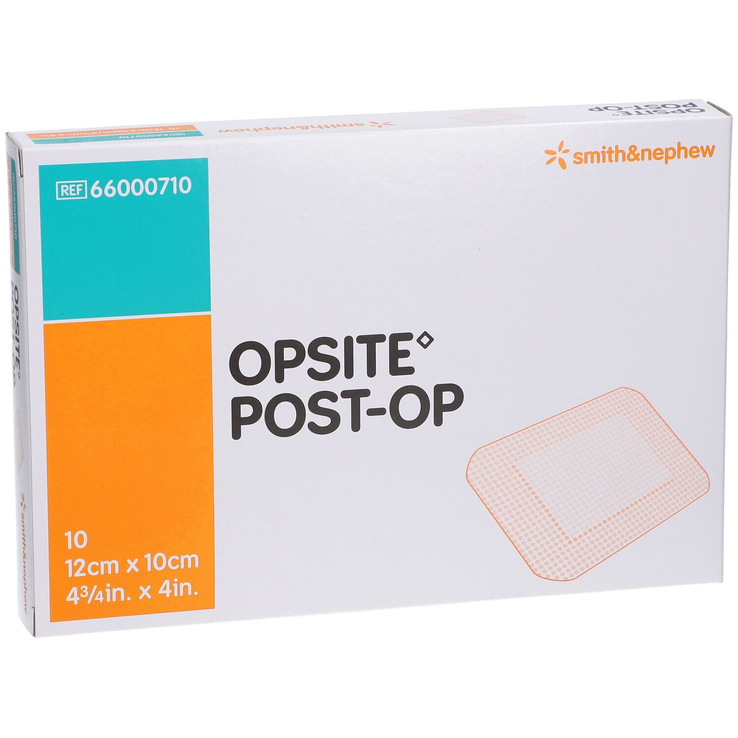 Boîte de pansements OPSITE® Post-Op. Contient 10 unités, 12cm x 10cm. Marque Smith & Nephew.