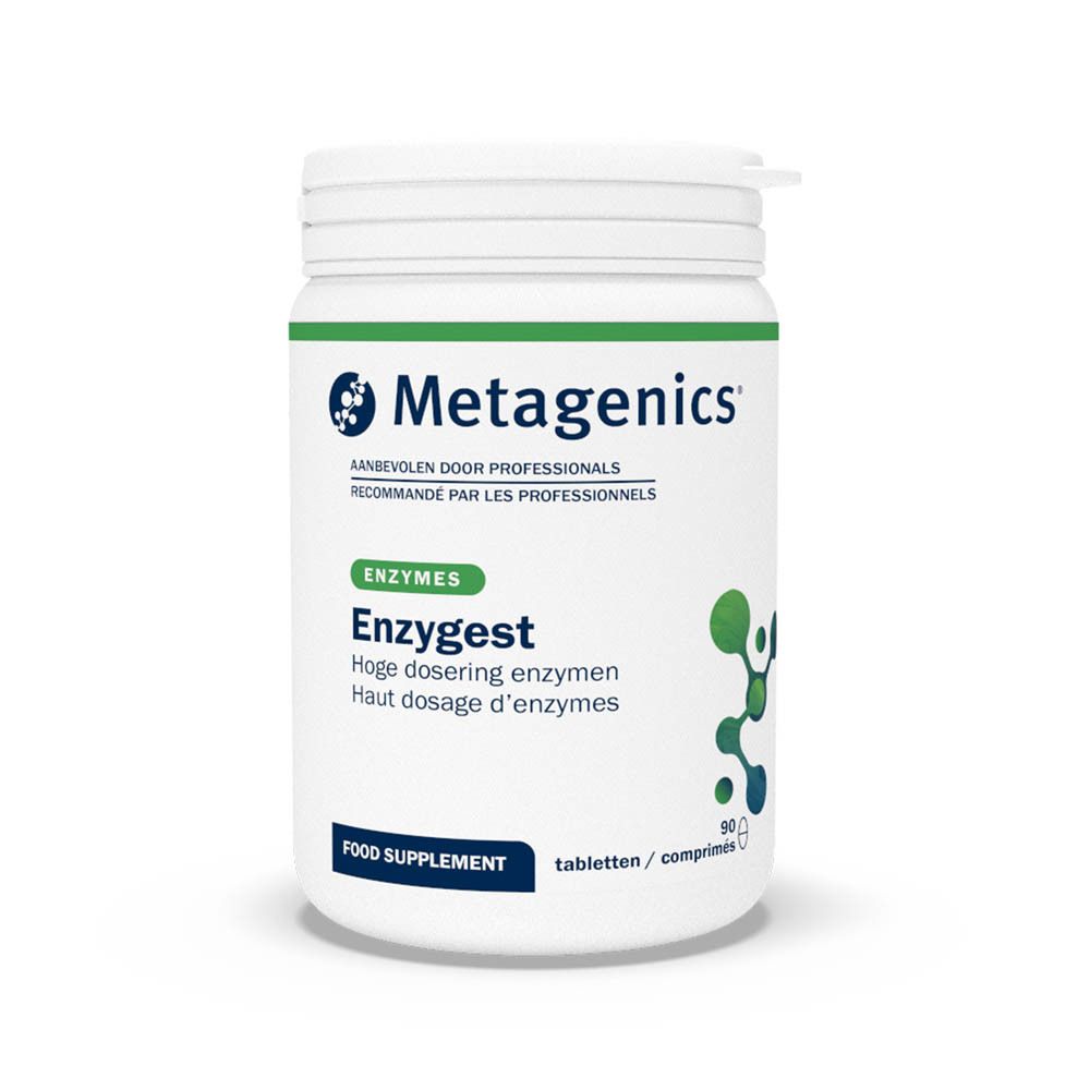Weiße Dose mit Enzymen. Aufschrift: Enzygest, Enzymencomplex, 90 Tabletten. Marke: Metagenics.