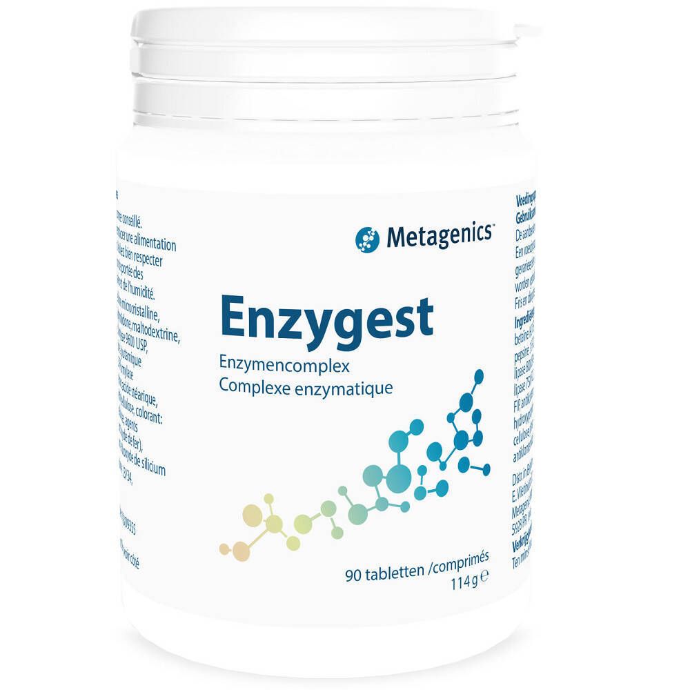 Flacon blanc Enzygest. Inscription: Metagenics, Enzygest, 90 comprimés. Complexe enzymatique.