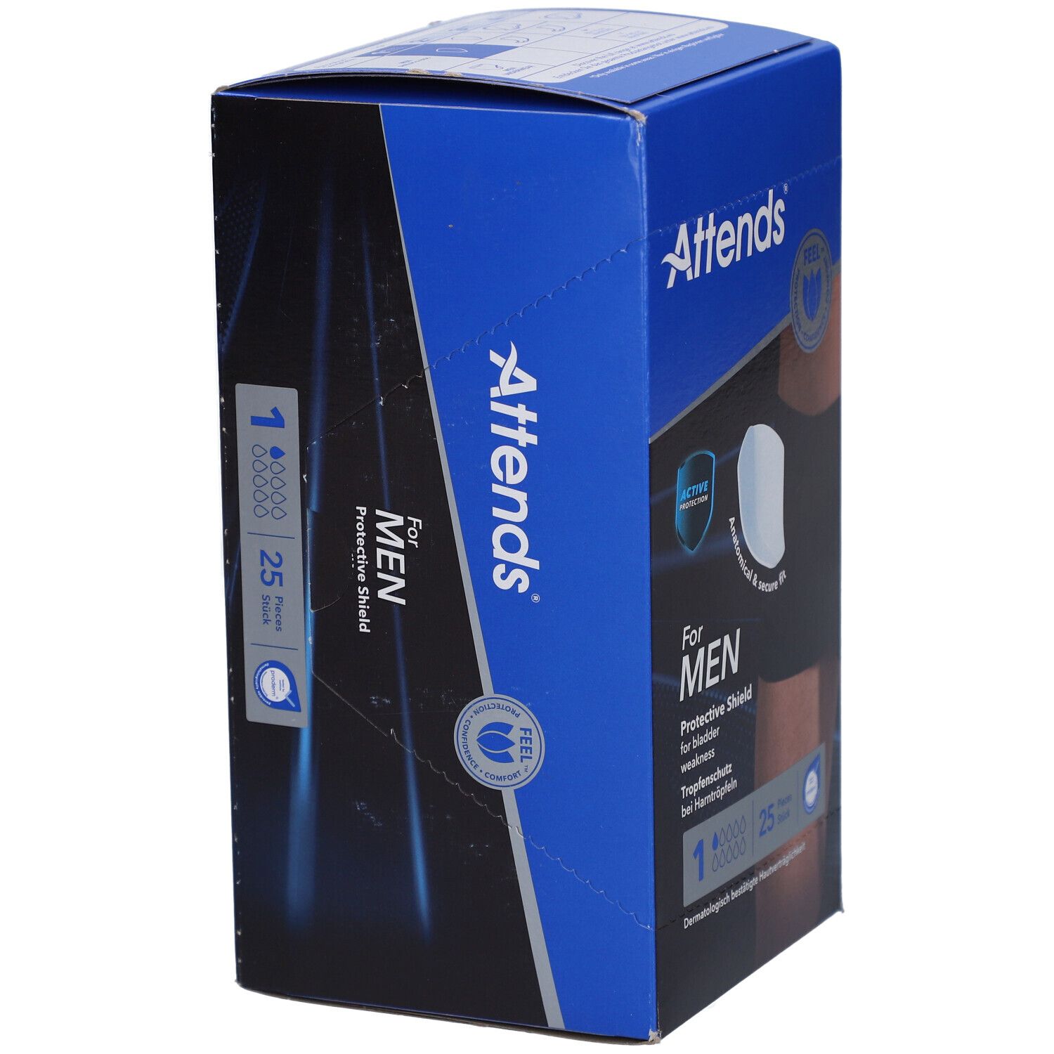 Attends® For Men 1-verpakking. Blauwe doos met productafbeelding en tekst. Bevat 25 stuks. Anatomisch gevormd.