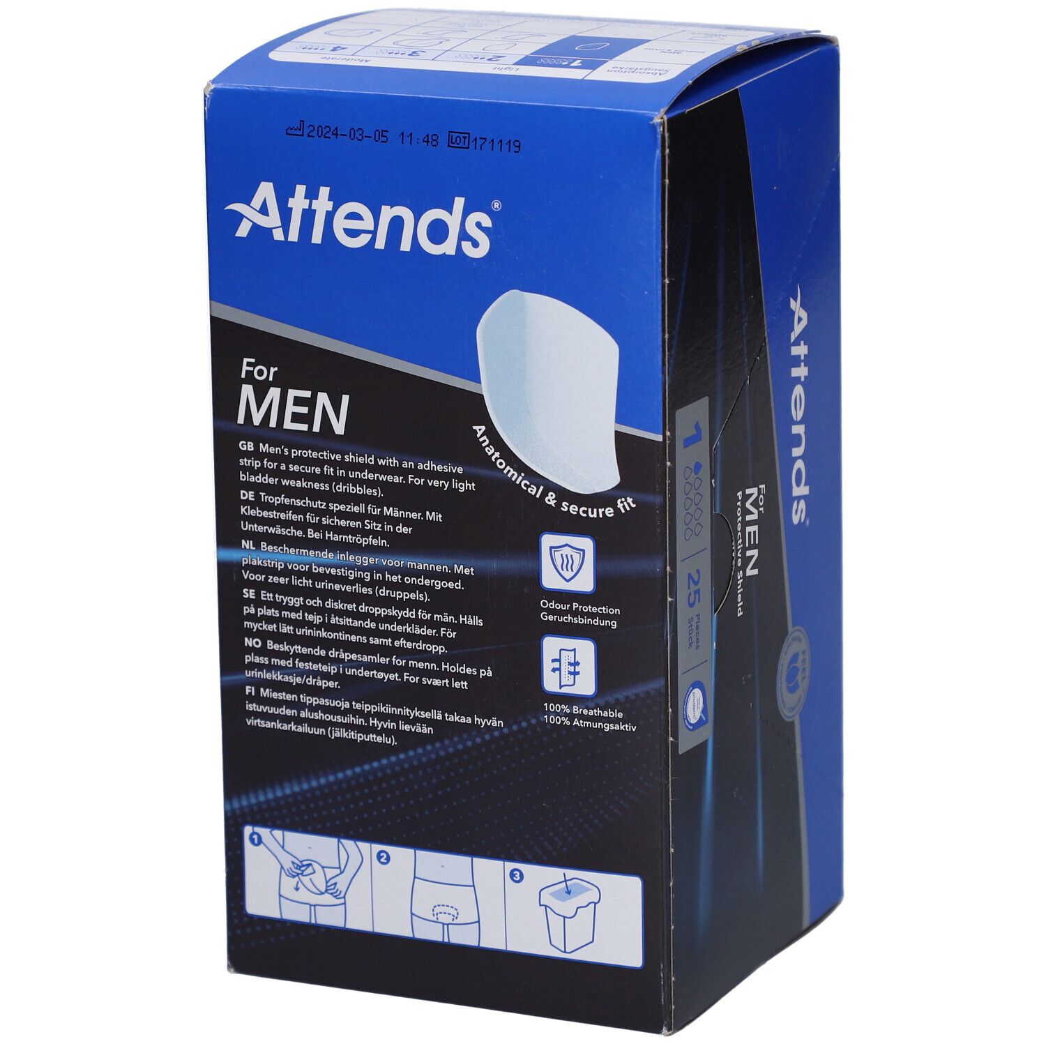 Achterkant van de Attends® For Men 1-verpakking. Blauwe doos met tekst en productinformatie. Bevat 25 stuks.