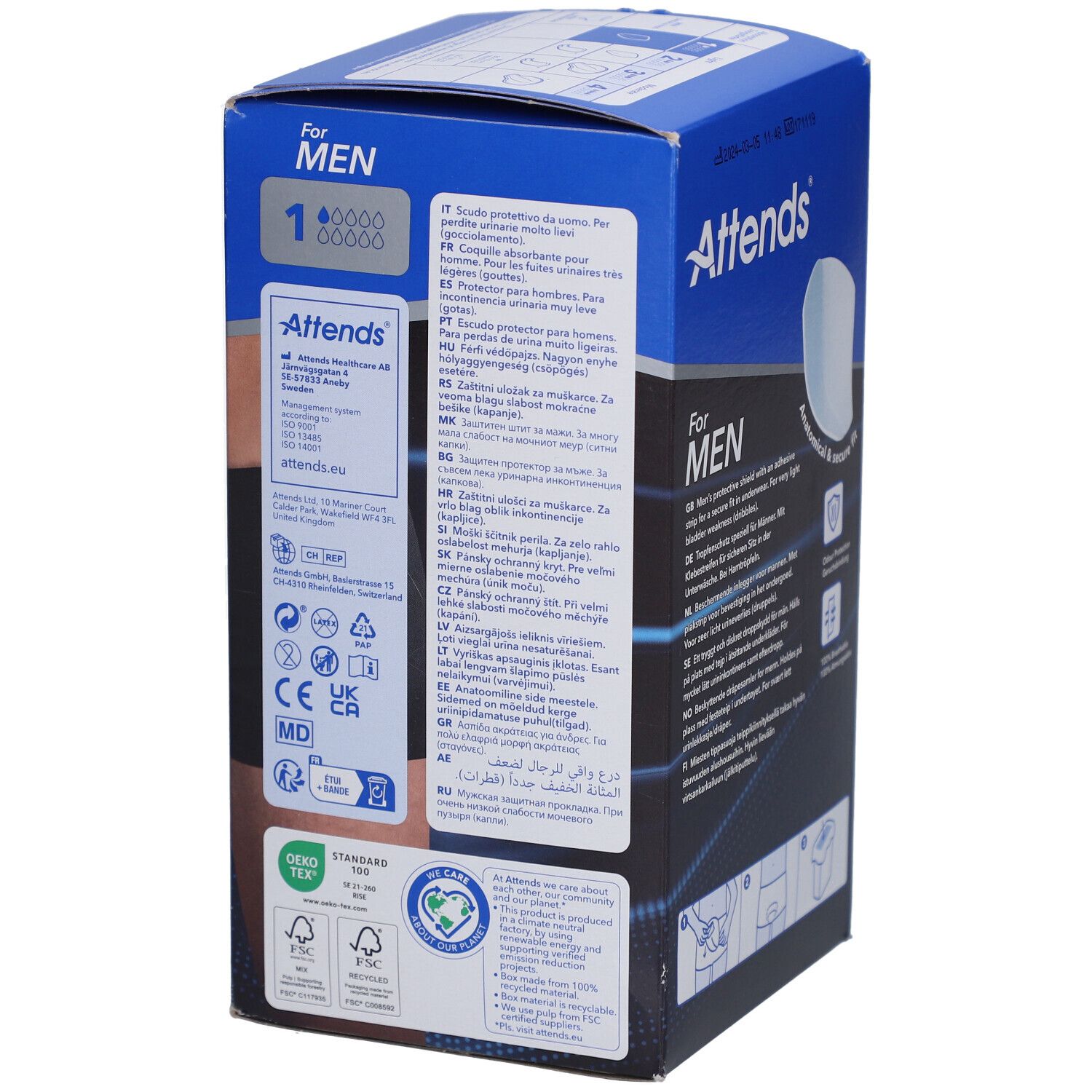 Achterkant van de Attends® For Men 1-verpakking. Blauwe doos met tekst en productinformatie. Bevat 25 stuks.