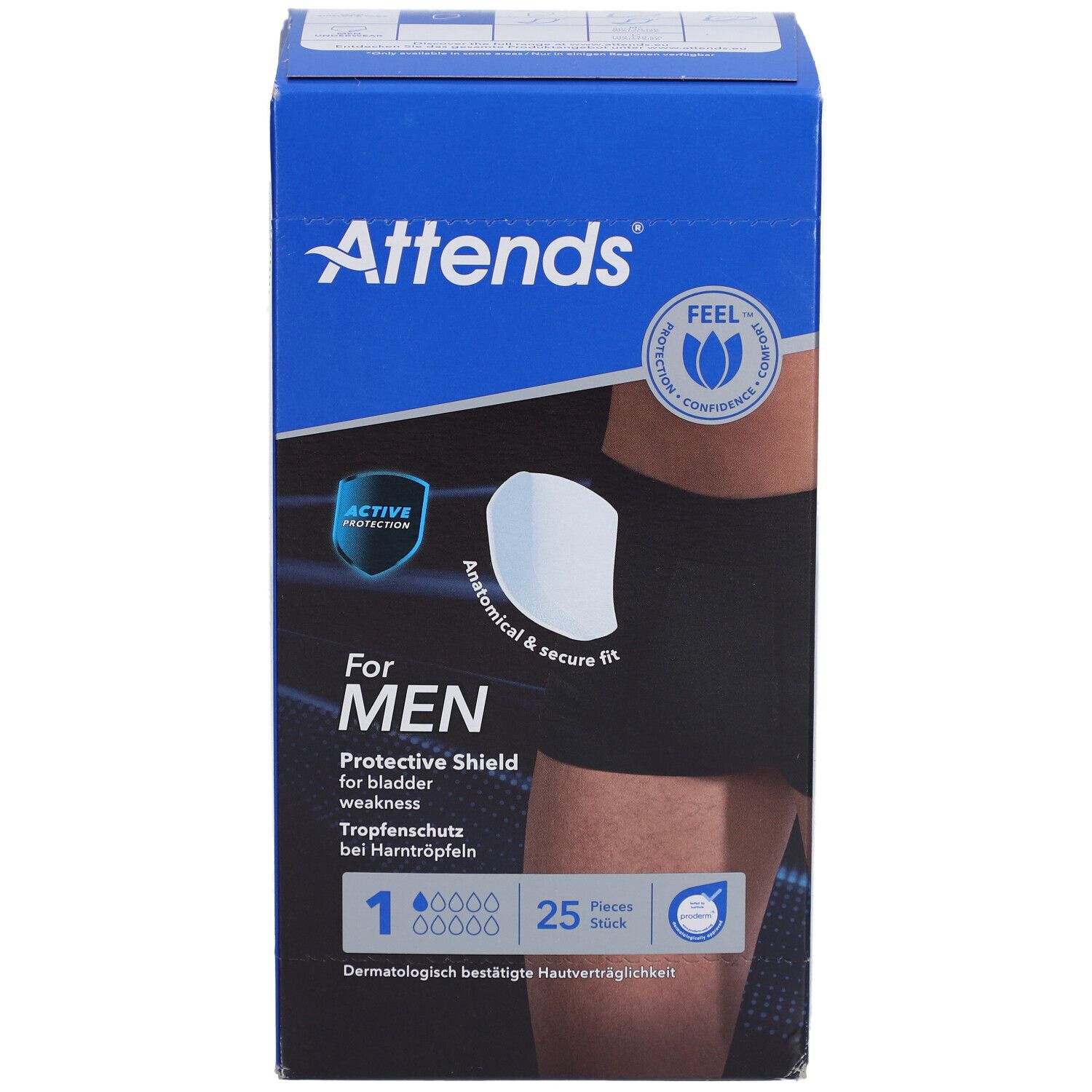 Attends® For Men 1-verpakking. Blauwe doos met productafbeelding en tekst. Bevat 25 stuks. Anatomisch gevormd.