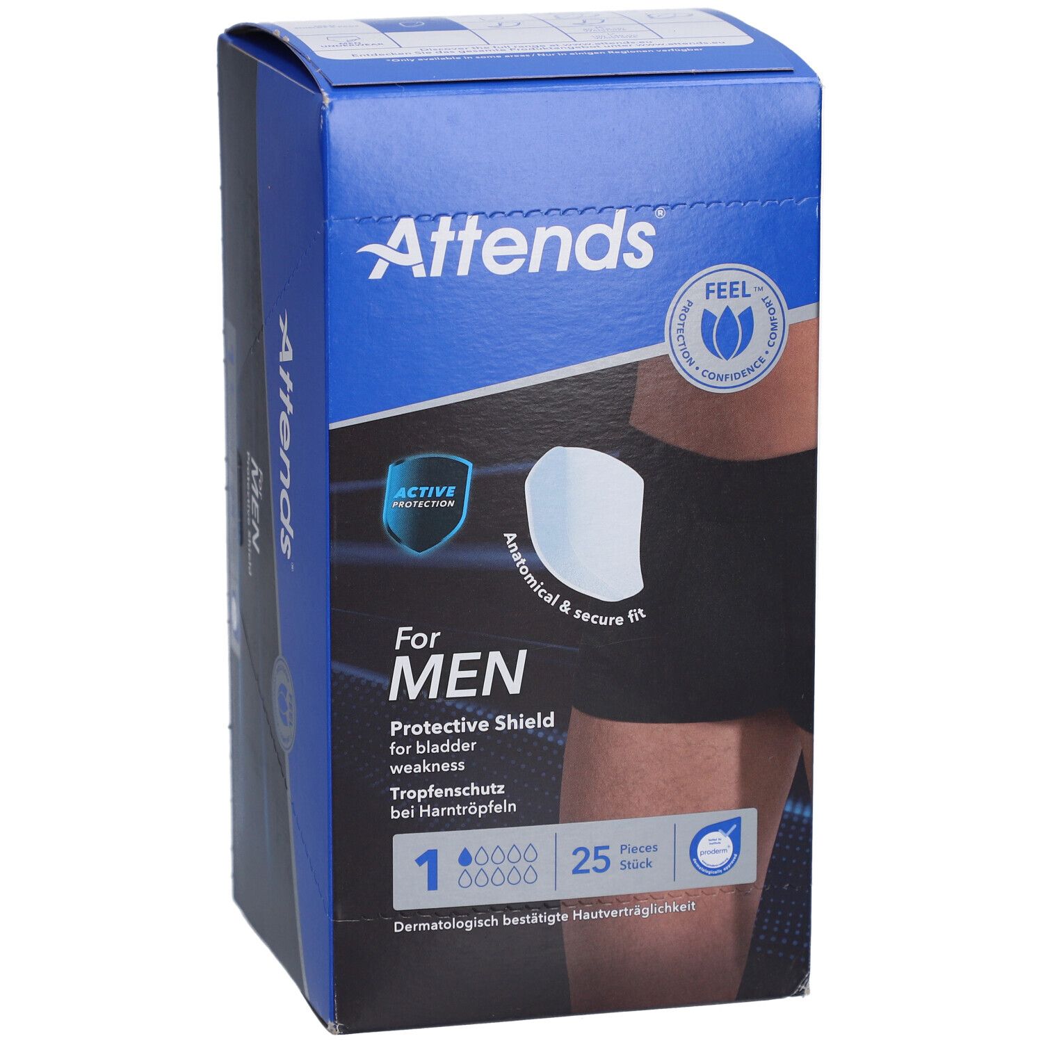 Attends® For Men 1-verpakking. Blauwe doos met productafbeelding en tekst. Bevat 25 stuks. Anatomisch gevormd.