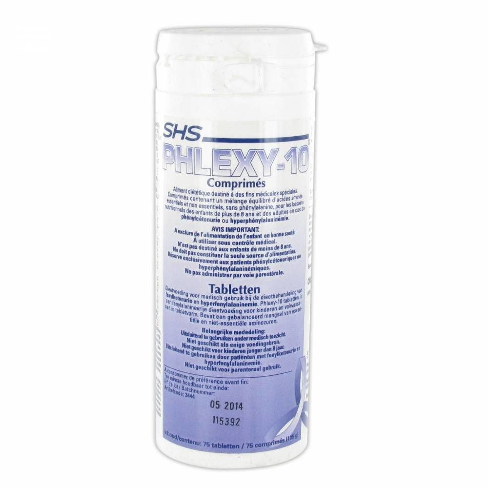 Flacon cylindrique blanc avec étiquette bleue. Inscription: SHS, PHLEXY-10, Comprimés, 75 comprimés.