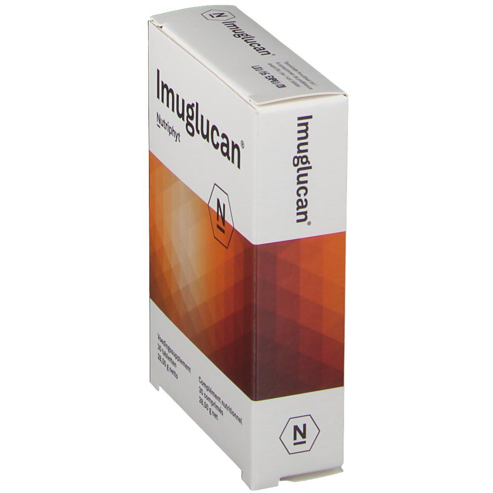 Vue oblique de l'emballage Imuglucan. Inscription : Imuglucan, Nutriphyt. Fond avec motif brun.