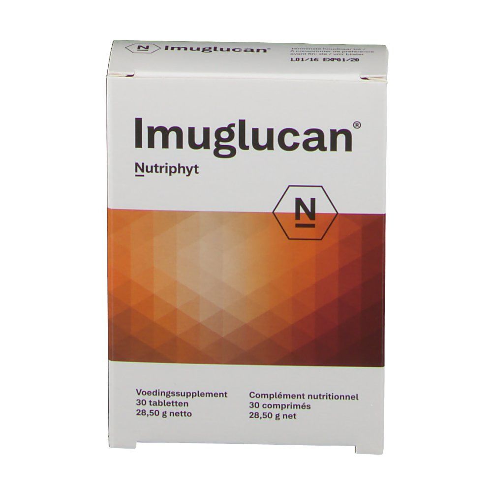 Vue de face de l'emballage Imuglucan. Inscription : Imuglucan, Nutriphyt. Contient 30 comprimés. Fond avec motif brun.